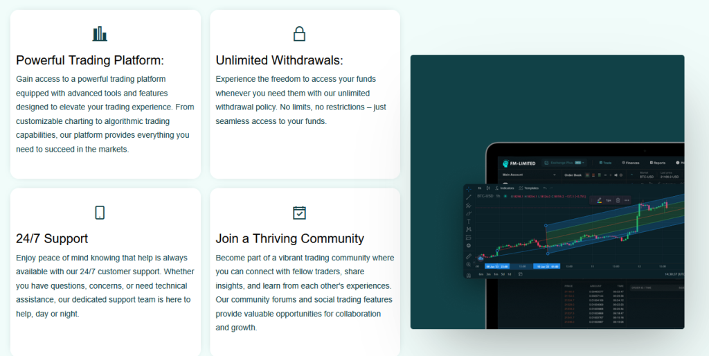 Screenshot of GF Limited highlighting advantages such as fast transactions and secure systems

